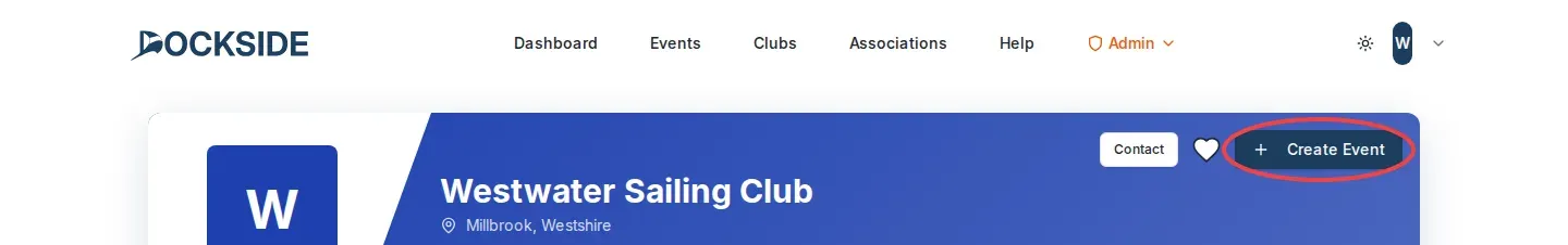 A club page with the Create Event button at the top right circled.