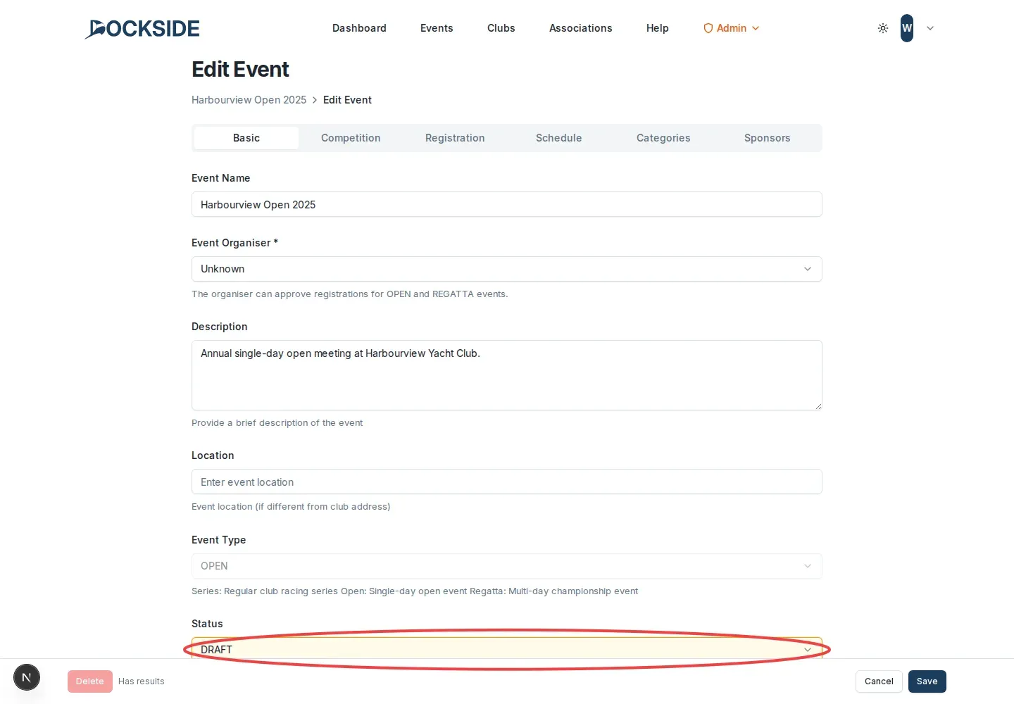 The edit screen with the Status field, currently Draft, circled.