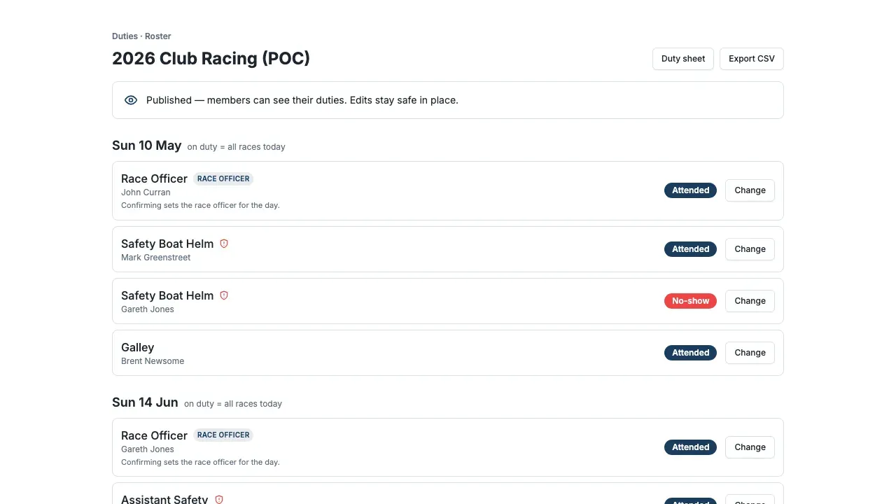 A published roster showing each race day's duties, the assigned member, their role, and a Change button per duty.