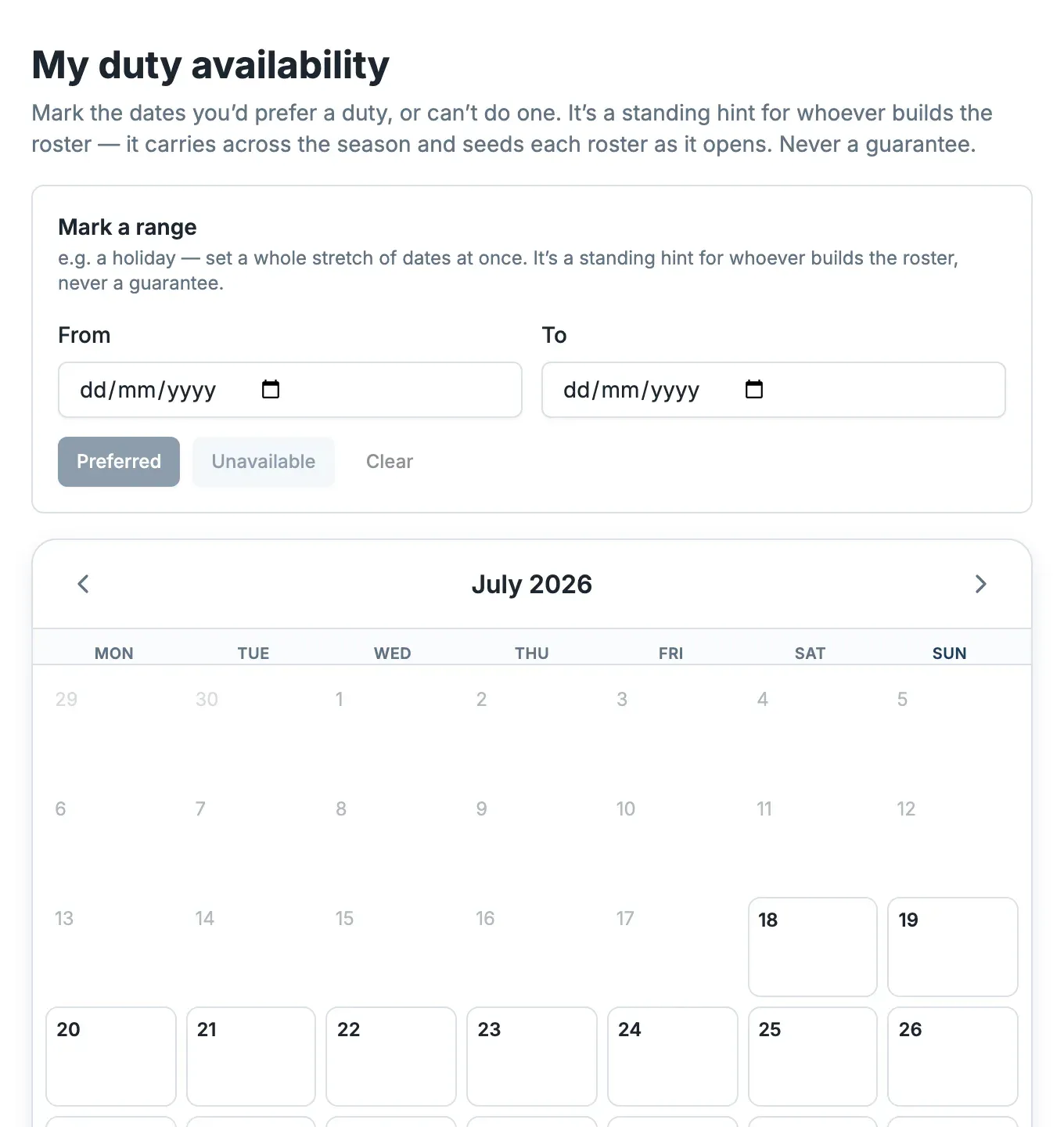 The My duty availability page: a Mark a range panel with From and To dates and Preferred, Unavailable and Clear buttons, above a month calendar.