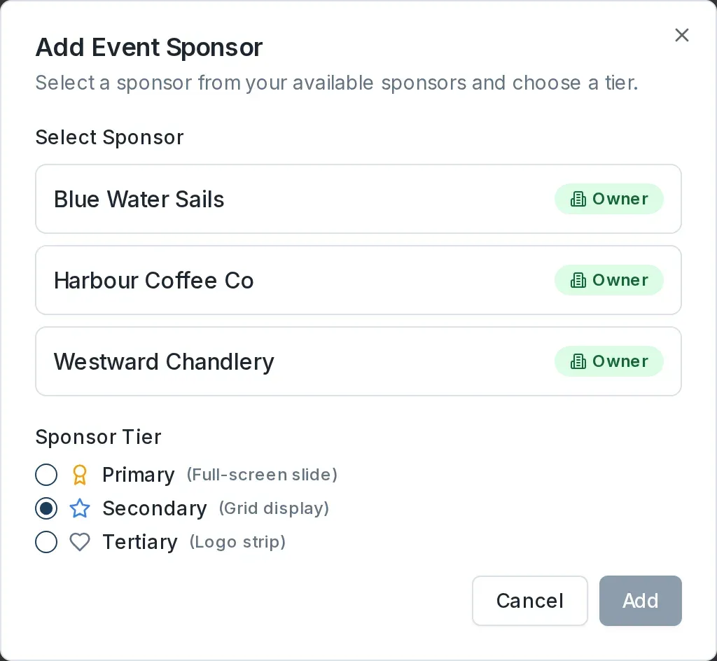 The Add Event Sponsor dialog with the sponsor list and the Primary, Secondary, and Tertiary tier options.