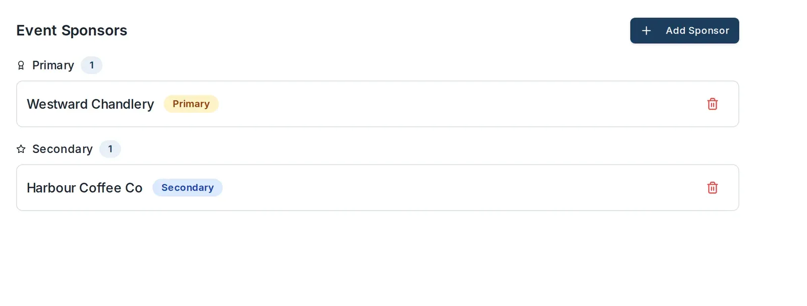 The event's sponsors grouped by tier, each with a remove button.