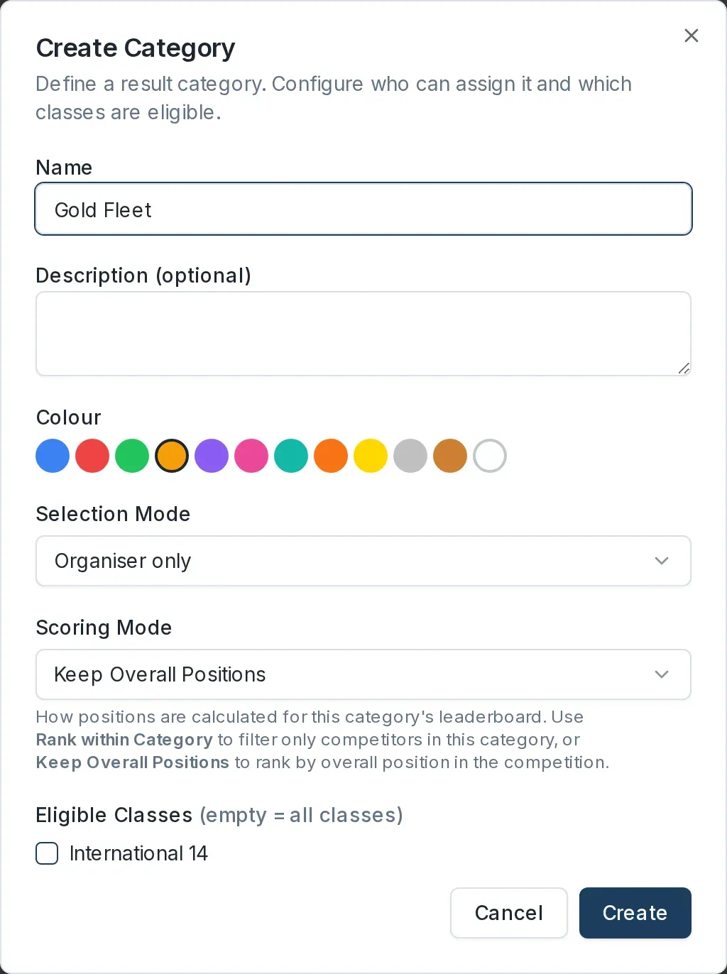 The Create Category dialog with Name, Colour, Selection Mode, and Scoring Mode fields.