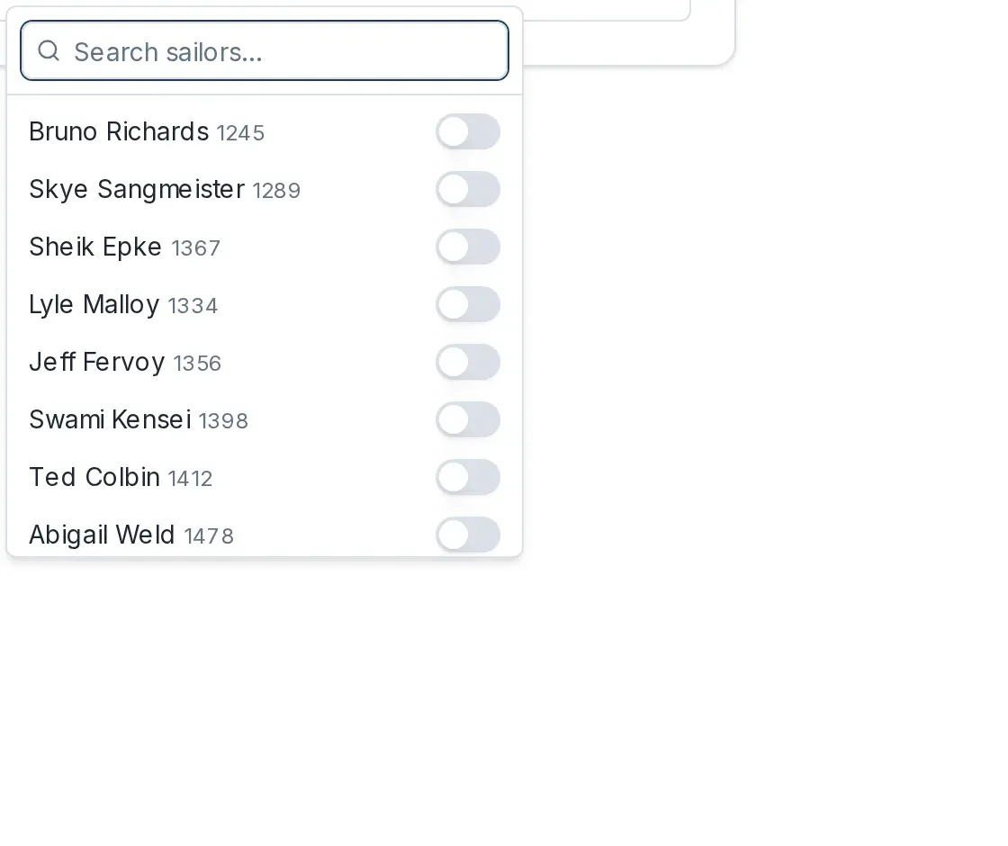 The Assign sailors list with a search box and a switch for each registered sailor.