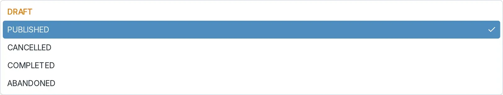 The event Status dropdown open, showing DRAFT, PUBLISHED, CANCELLED, COMPLETED, and ABANDONED.