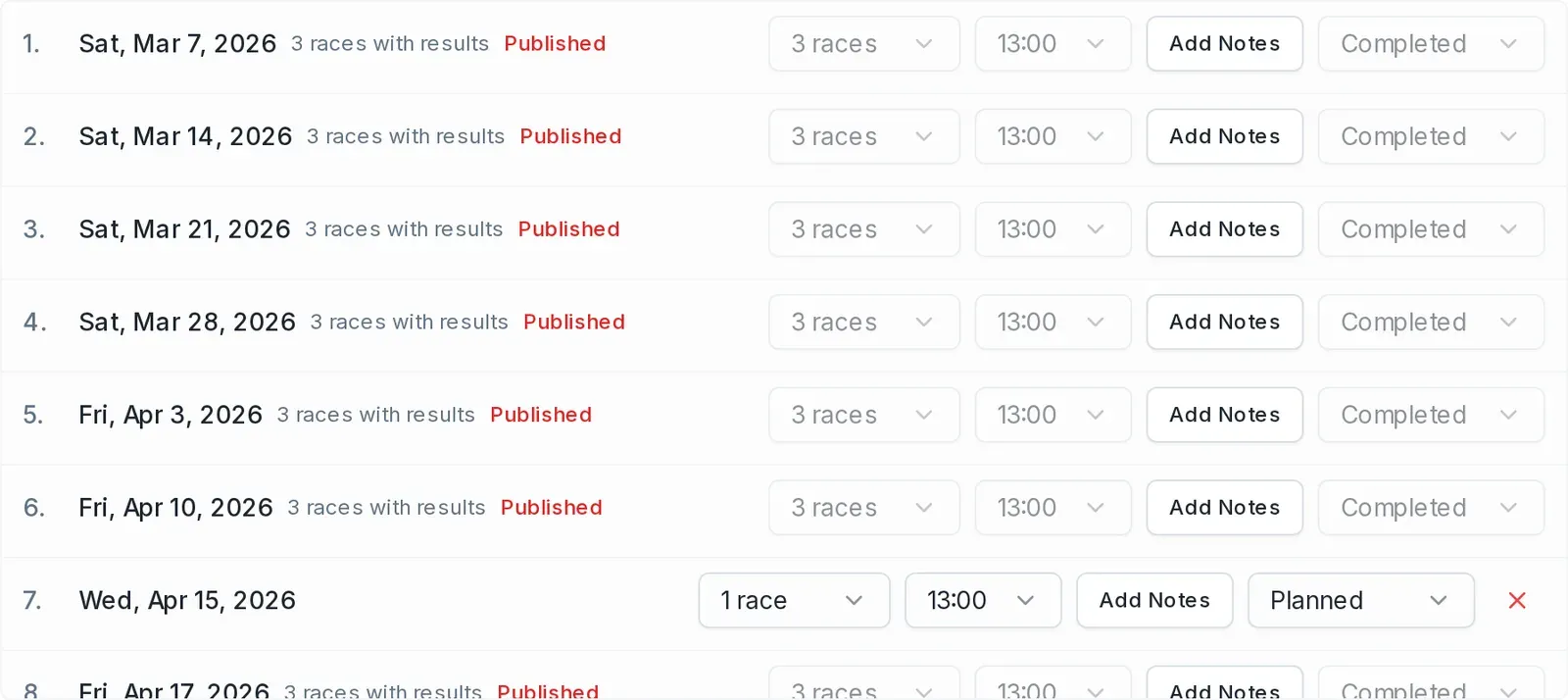 A published race day on the Schedule tab, its status control greyed at Completed.