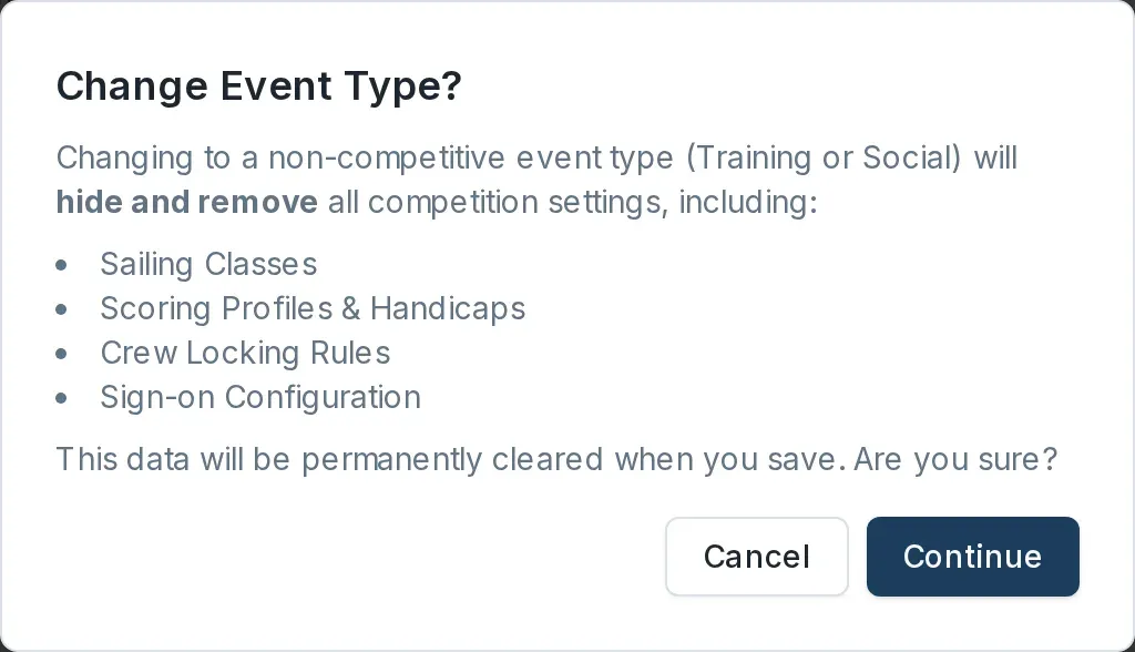 The Change Event Type warning, listing the competition settings that will be removed.