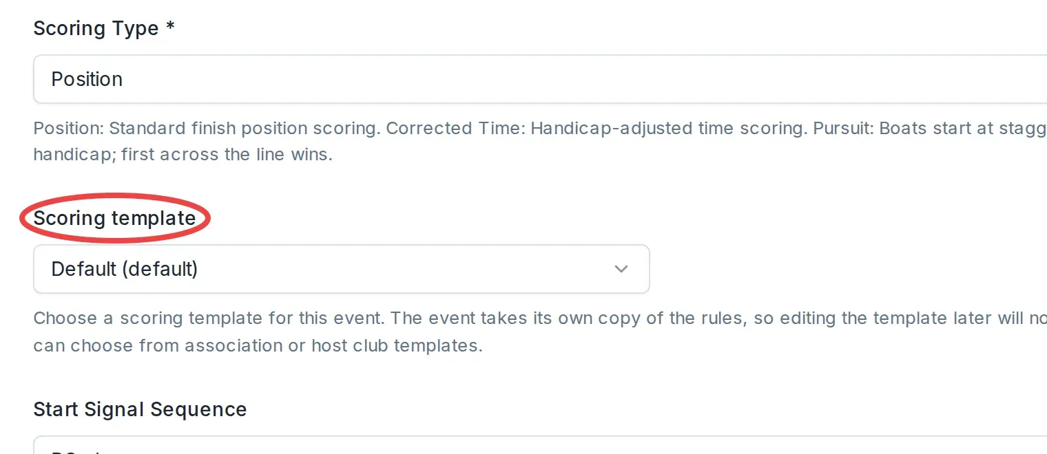 The Scoring template field in the Competition Setup section, showing the templates to choose from.