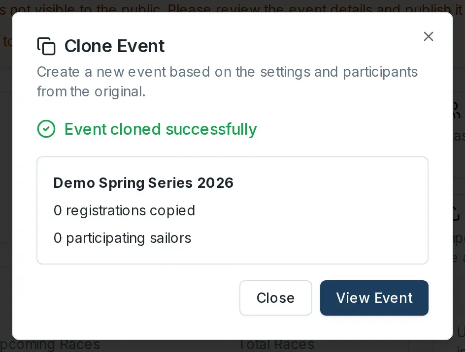 The Clone Event dialog showing "Event cloned successfully" with the new event name and counts, and the View Event button.