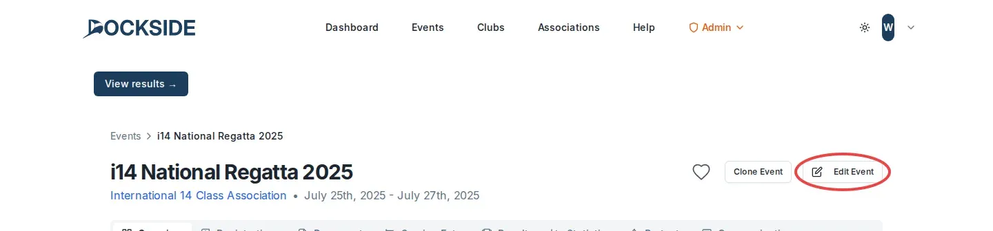 The new regatta's event page, with the Edit Event button at the top right circled.