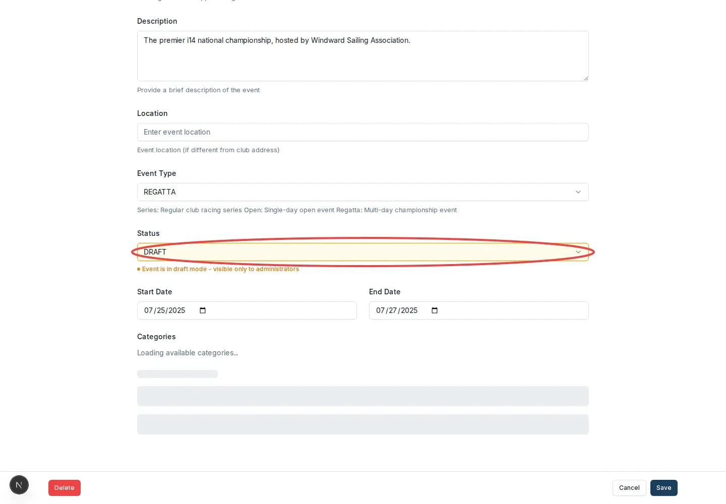 The edit screen showing the Status field set to Draft, circled. Change it to Published.