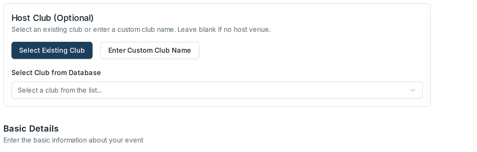 The Host Club section with the Select Existing Club and Enter Custom Club Name buttons.