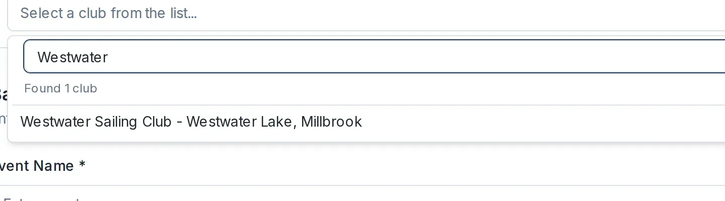 The club search filtered to a single club, showing the found count and the club name with its location.