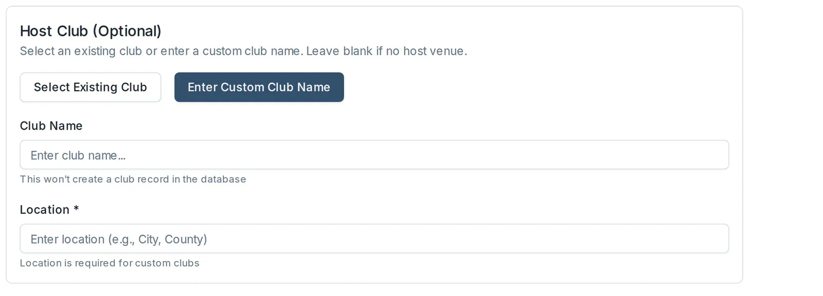 The Enter Custom Club Name option, with name and location fields.