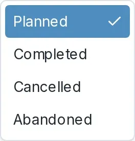 A race day status dropdown showing Planned, Completed, Cancelled, and Abandoned.