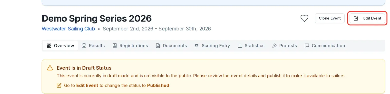 The event Overview for a draft event, showing the "Event is in Draft Status" notice and the Edit Event button, circled, at the top right.