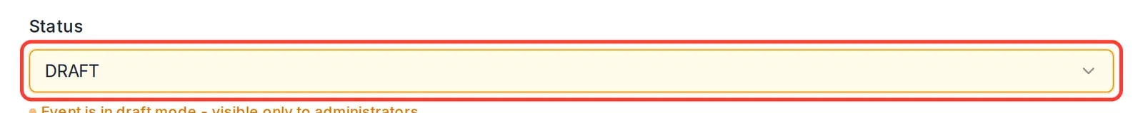 The Status field on the Basic tab of the event edit screen, circled, currently set to DRAFT.