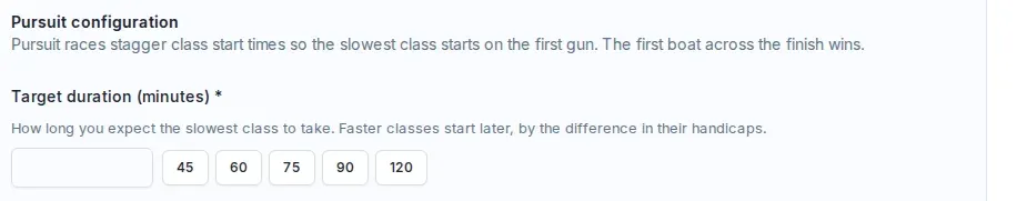 The Pursuit configuration section, with the Target duration field and its quick options.