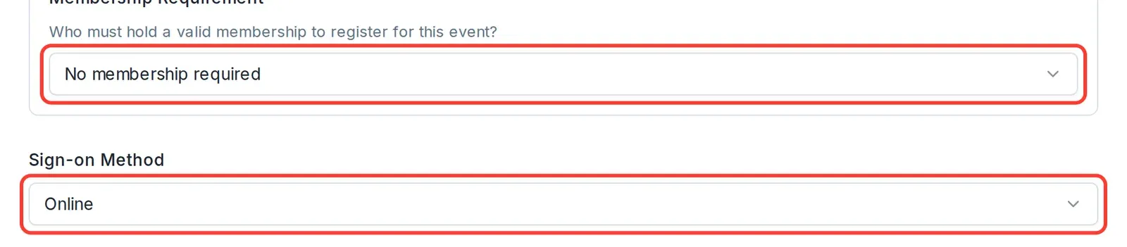 The Membership Requirement and Sign-on Method fields on the Registration tab, both circled.
