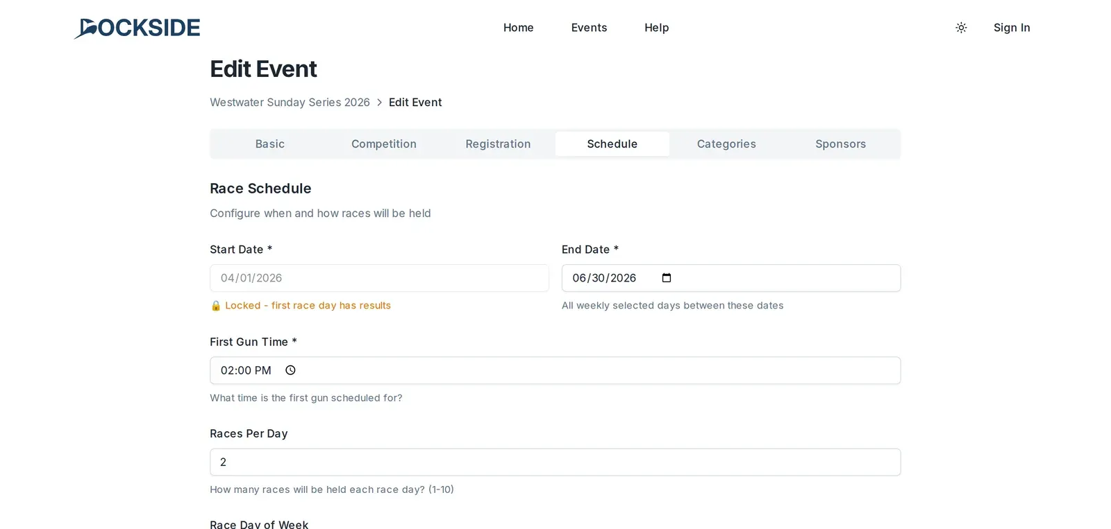 The Race Schedule section on the Schedule tab, with the Races Per Day field.