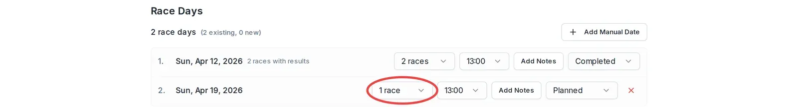 The Race Days list, with the races dropdown circled on a day's row.