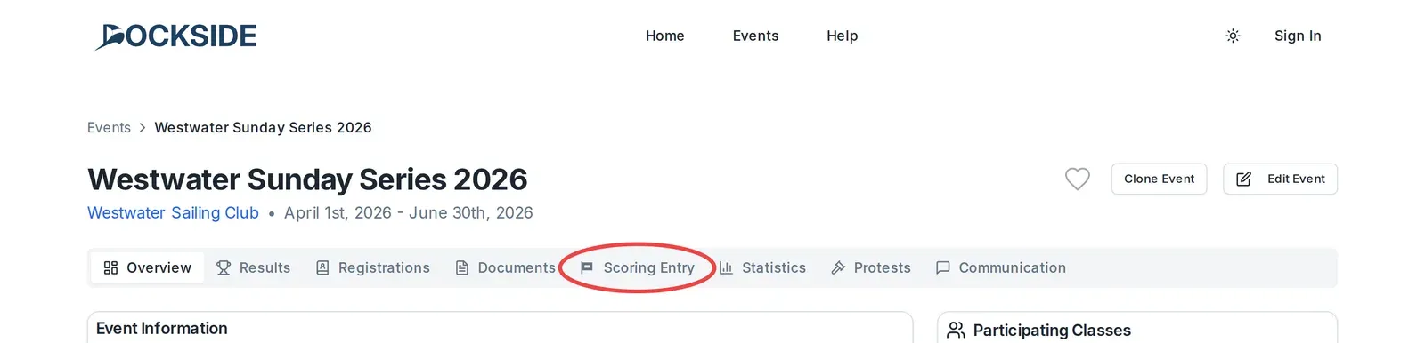 The Scoring Entry tab, circled, in the event page's tab row.