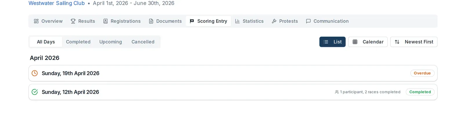 The race day list on the Scoring Entry tab, grouped by month.