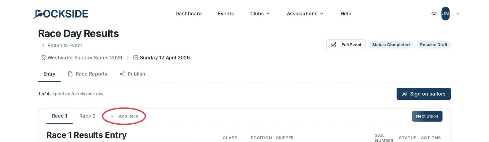 The Entry tab of the Race Day Results screen, with the Add Race button circled.