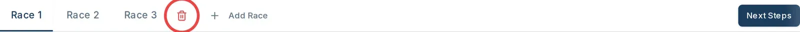 The red bin icon, circled, next to the last race's tab.