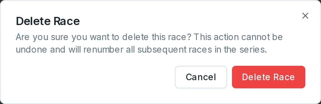 The Delete Race confirmation dialog with Cancel and Delete Race buttons.