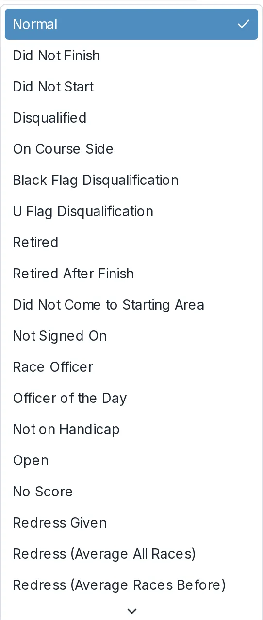 The Status dropdown on the entry panel, listing the scoring codes by name.