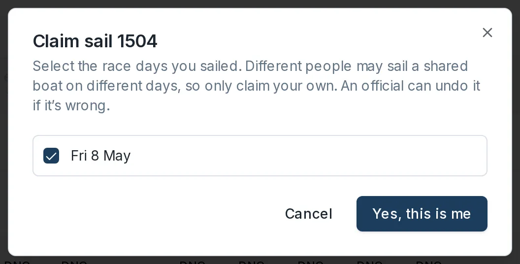 The Claim sail dialog, listing the race days recorded for the sail number with a checkbox each.