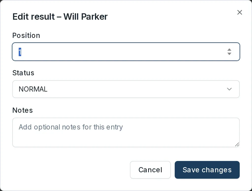 The Edit result dialog with the Position, Status, and Notes fields and a Save changes button.
