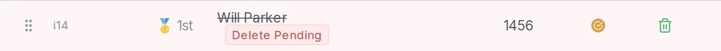 A results row marked Delete Pending, with the name struck through and a green undo bin.