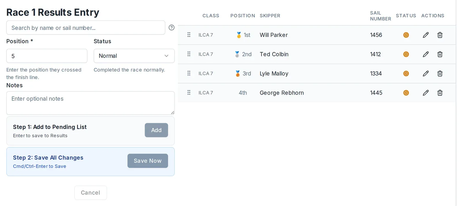 The Entry tab: the entry panel on the left and a clean results list on the right.