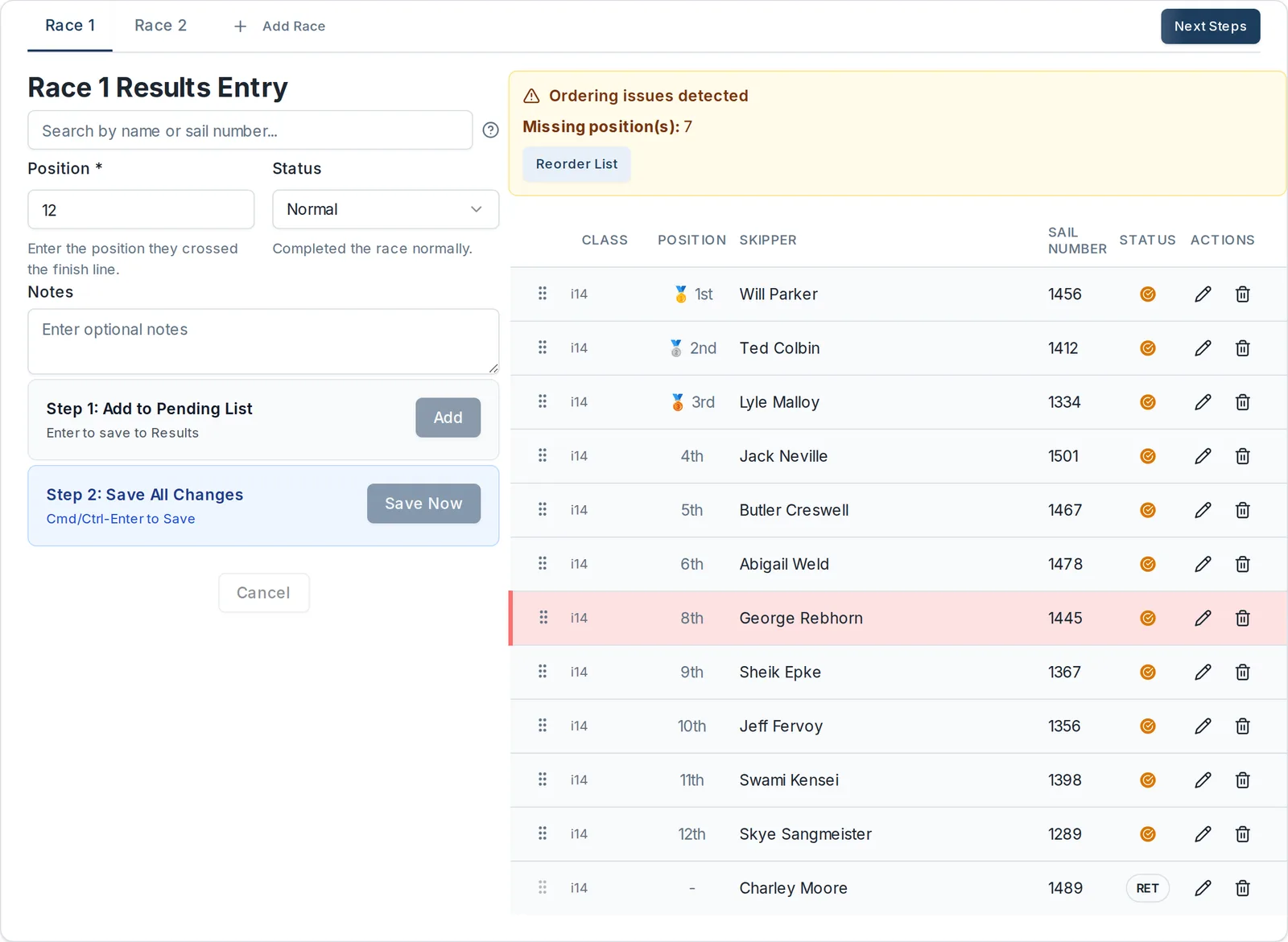 The Entry tab for Race 1, showing the entry panel on the left and the results list on the right.