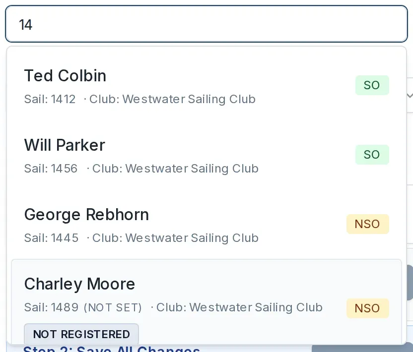The search list showing matching boats with sign-on status badges.