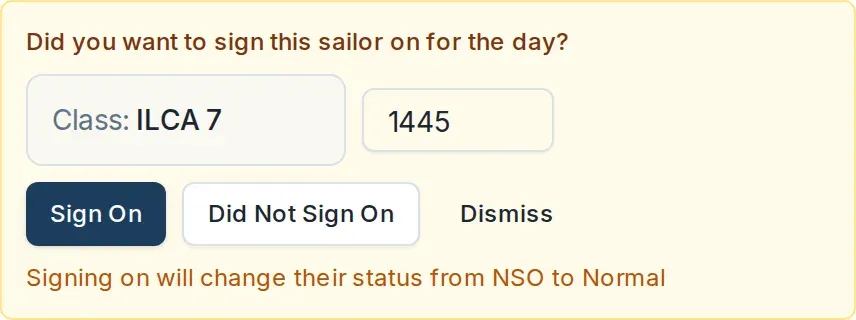 The quick sign-on panel for a registered sailor who is not signed on.