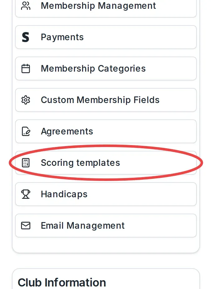 The Scoring templates button in the Club Actions section.