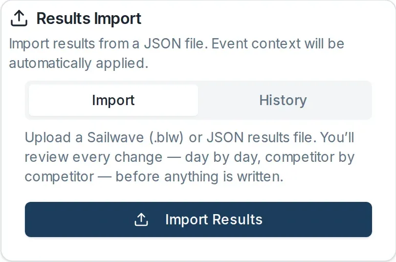 The Results Import card on the event Overview tab, with its Import and History tabs and the Import Results button.