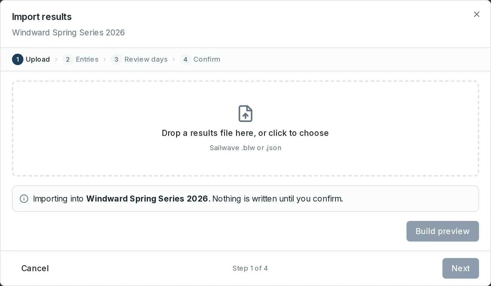 The Upload step: the drop area for a Sailwave or JSON file, and a note that nothing is written until you confirm.