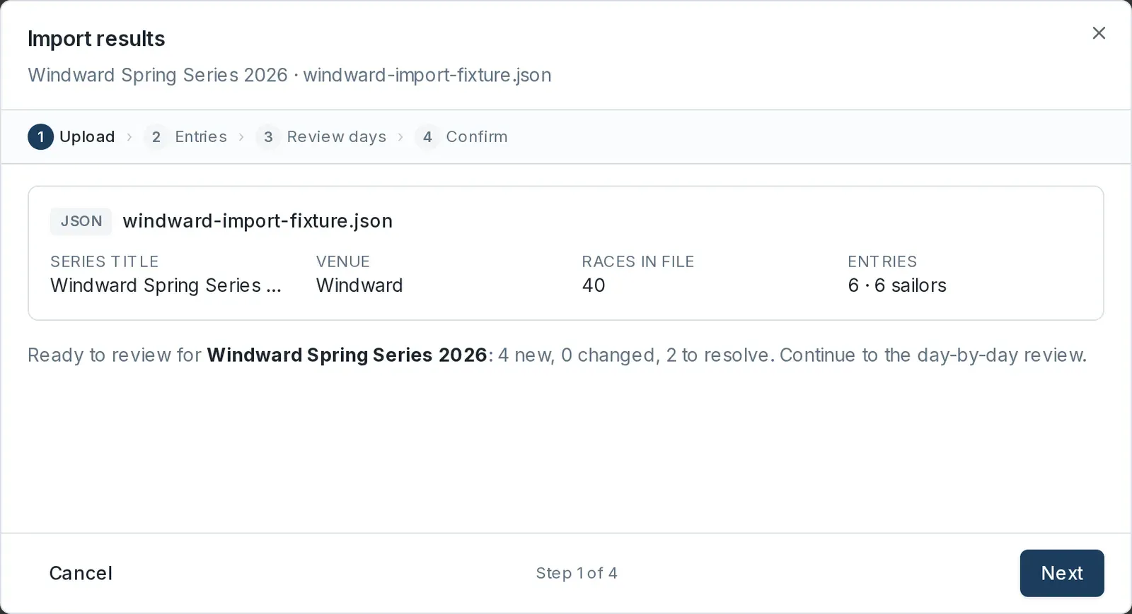 The parsed file summary, showing the source format, series title, venue, race count and entry count.