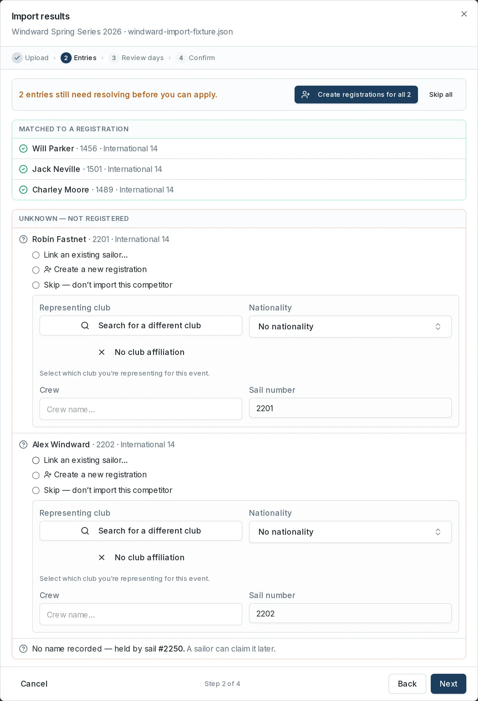 The Entries step showing matched, and unknown competitors, with resolve options for each unknown entry.