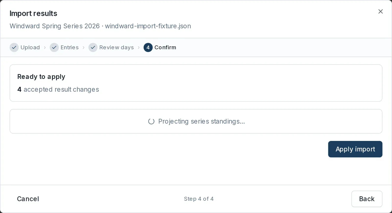 The Confirm step summarising the accepted changes, with the Apply import button.