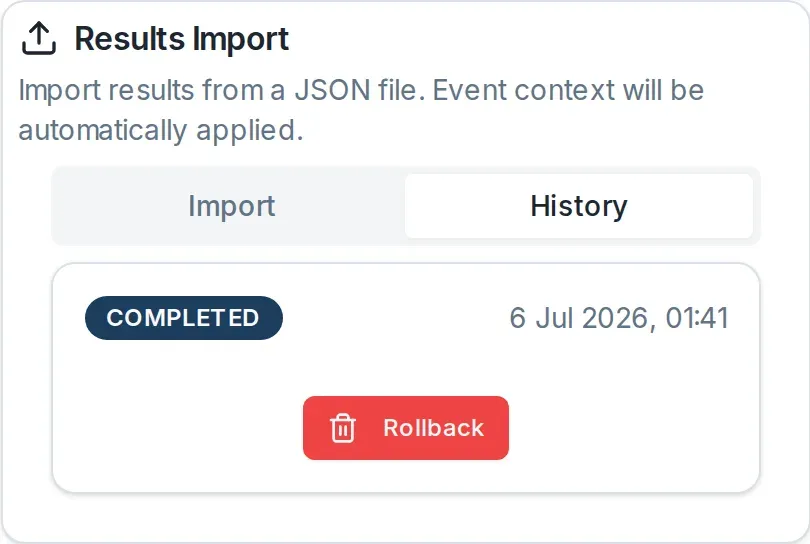 The History tab listing a completed import with its date, result count, and a Rollback button.