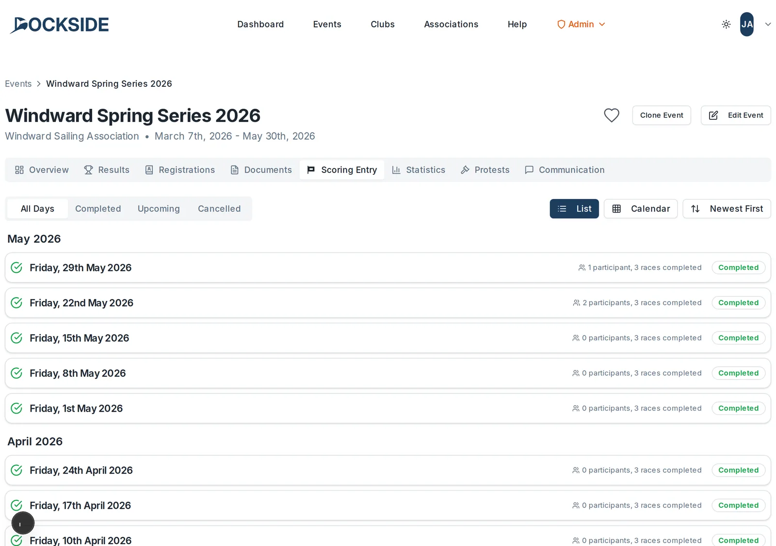 The Scoring Entry tab on the event page, listing a card for each race day.