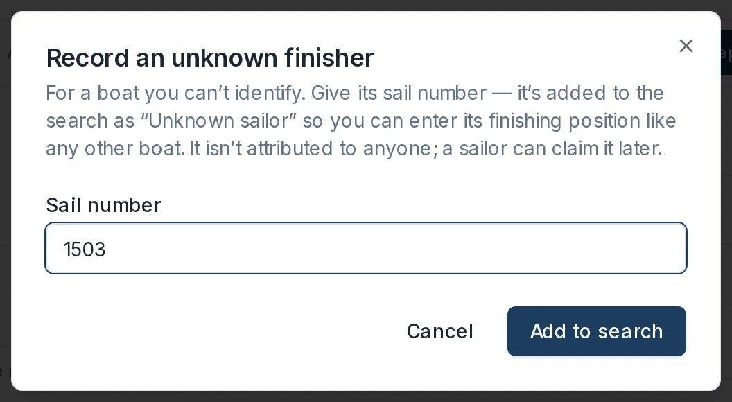 The Record an unknown finisher dialog, with the sail number entered.