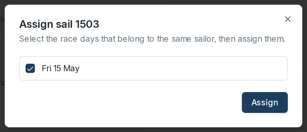 The Assign sail dialog, listing the race days recorded for that sail number.