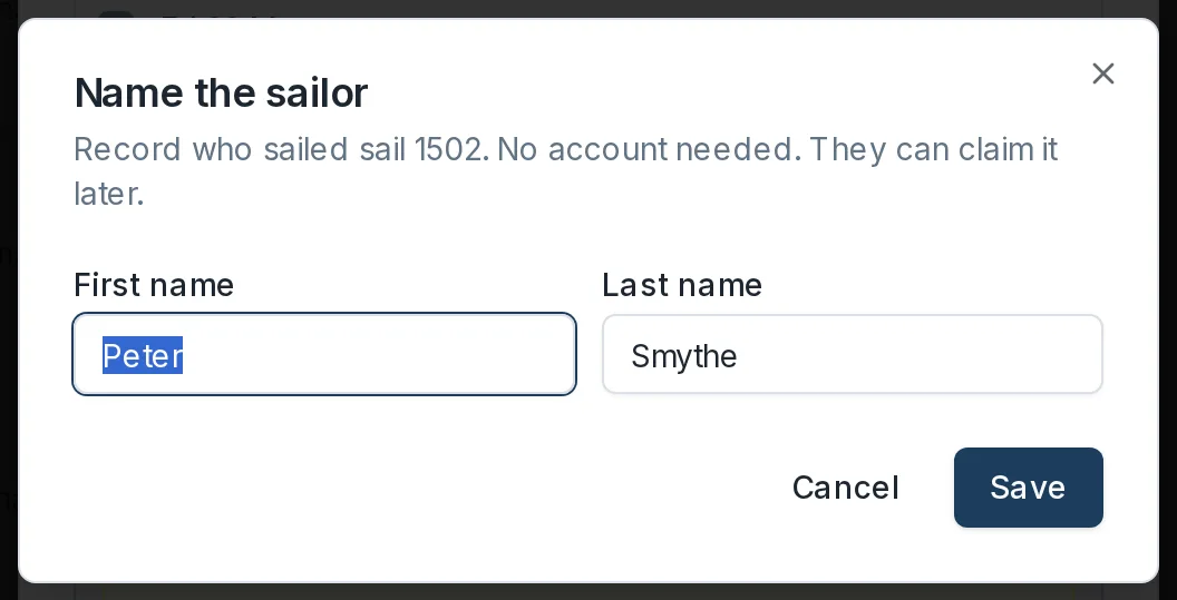 The Name the sailor dialog, with first and last name fields for a sailor who has no account yet.