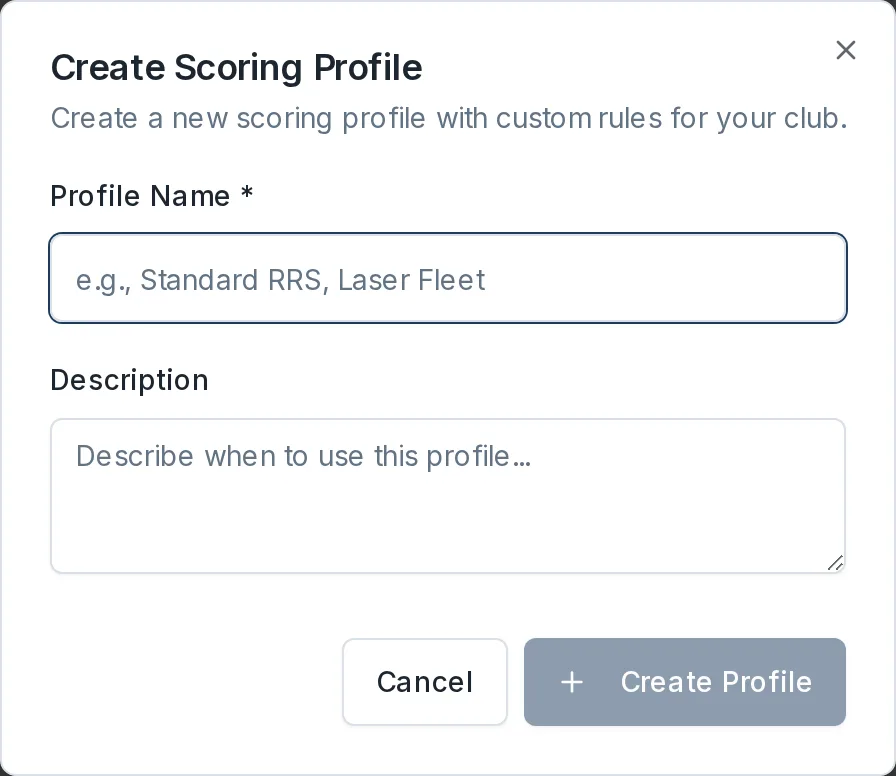 The Create Scoring Profile dialog with the Profile Name and Description fields.